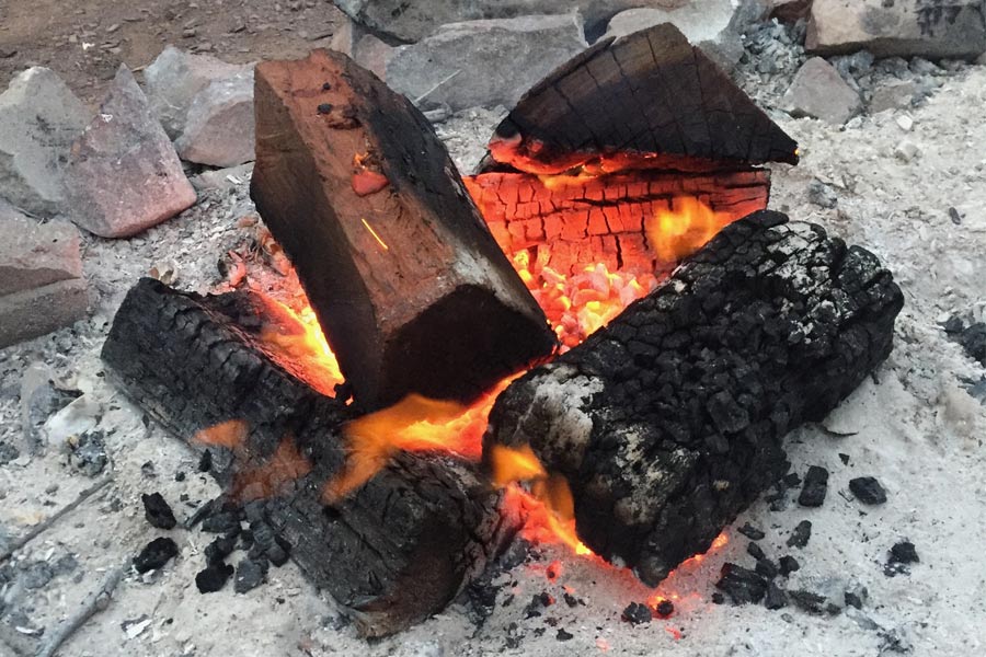 Logs burning into coals on a campfire